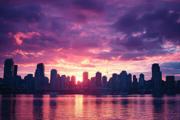 Fototapeta premium A stunning urban skyline with dramatic sunset backdrop, showcasing vibrant colors reflecting on water. scene captures beauty of city life at dusk