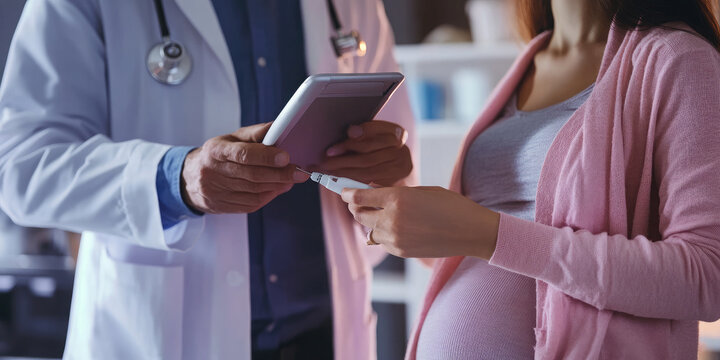 Doctor shares medical info on a tablet with a pregnant patient holding a blood sugar monitor in a hospital. Tech highlights health care importance