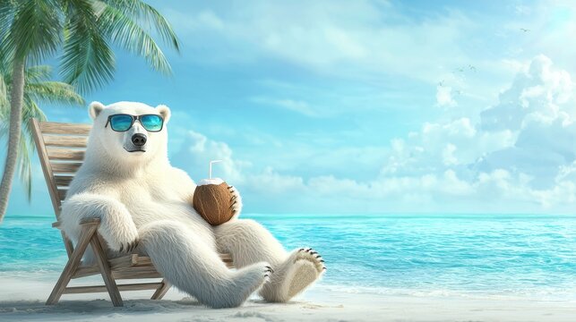 Polar bear relaxing on a tropical beach drinking from a coconut while wearing sunglasses symbolizing summer vacation and chill vibes