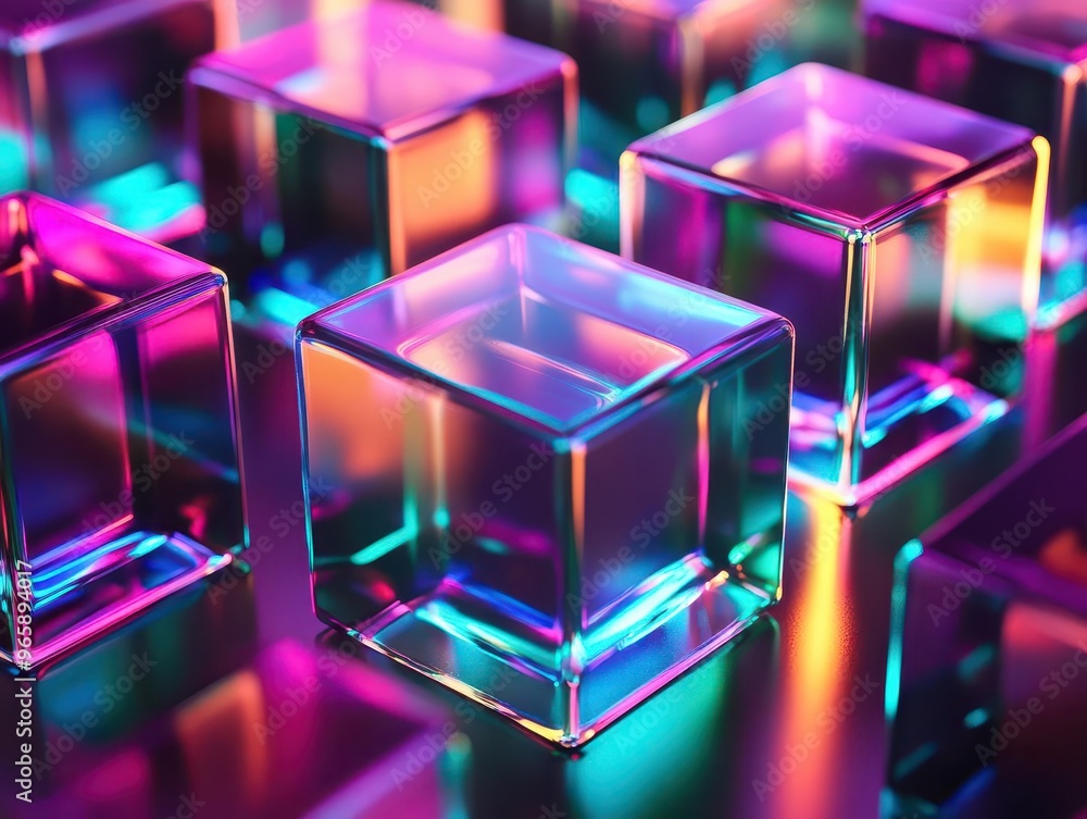 Poster abstract 3d rendering of translucent glass cubes vibrant neon colors emitting from within holographi