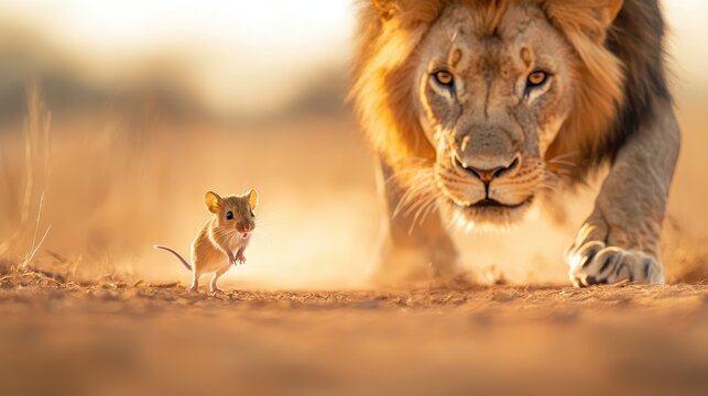 Mouse standing before a crouching lion in the desert symbolizing courage and survival in the face of great odds
