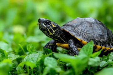 Obraz premium Turtle moving through the grasslands, blending in with the foliage as it slowly navigates its way home