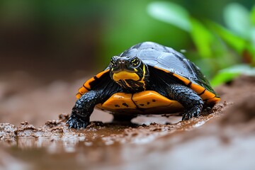 Turtle pulling into its shell, retreating for protection at the first sign of danger, hiding away from curious predators