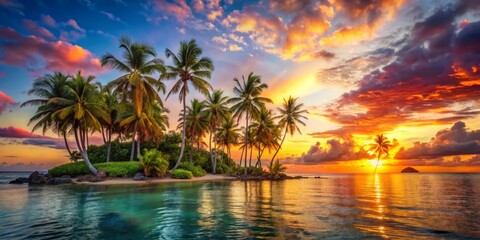 exotic tropical paradise island beach palm trees sunset colors vibrant happy