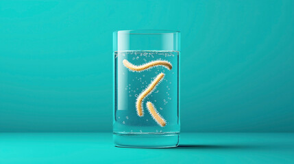 Yellow, spiky worm-like objects suspended in a clear glass of water with visible bubbles against a teal background. The objects resemble microorganisms or bacteria.