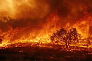 Naklejka premium Wildfires raging in dry hot landscape create dramatic and intense scene, showcasing destructive power of nature. flames engulf terrain, highlighting urgency of environmental issues