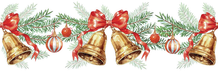 Watercolor Christmas seamless border of spruce green branches, red Christmas balls and Bells. 
Christmas Bells with red bow. Vector Illustration for patterns, greeting cards and invitations.