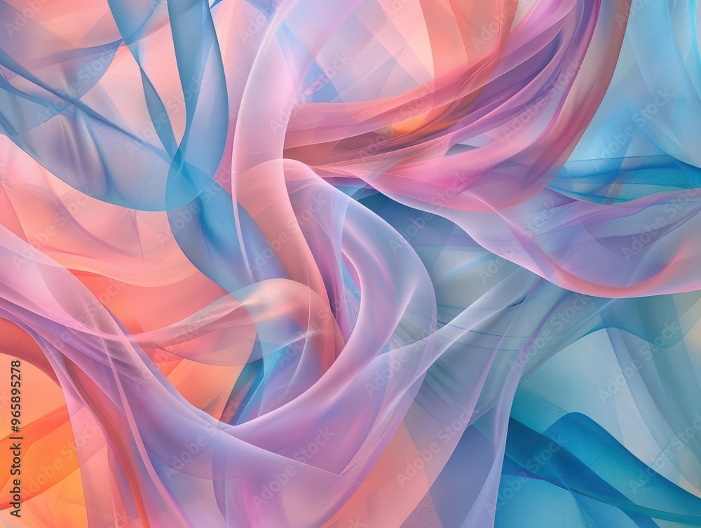 Poster abstract digital artwork featuring flowing intertwined shapes in soft pink blue and orange hues crea