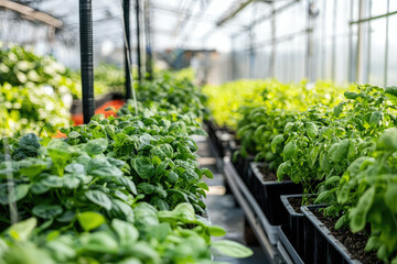 Indoor farm with variety of fruiting plants, showcasing lush greenery and healthy growth. vibrant plants thrive in well lit greenhouse environment, creating serene atmosphere