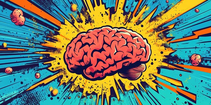 A dynamic pop art illustration of a brain exploding with energy, surrounded by endorphin molecules in vibrant, bold colors, symbolizing mental stimulation, creativity, and happiness
