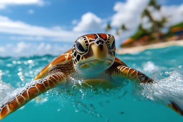 Obraz premium Turtle swimming toward the surface of the ocean, breaking through the waves to catch a breath of air