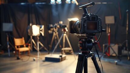 Professional camera setup in film studio with lighting equipment