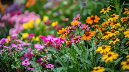 Obraz premium A field of blooming flowers or a lush garden with a rich variety of plants, capturing the beauty and richness of natureâ€™s abundance
