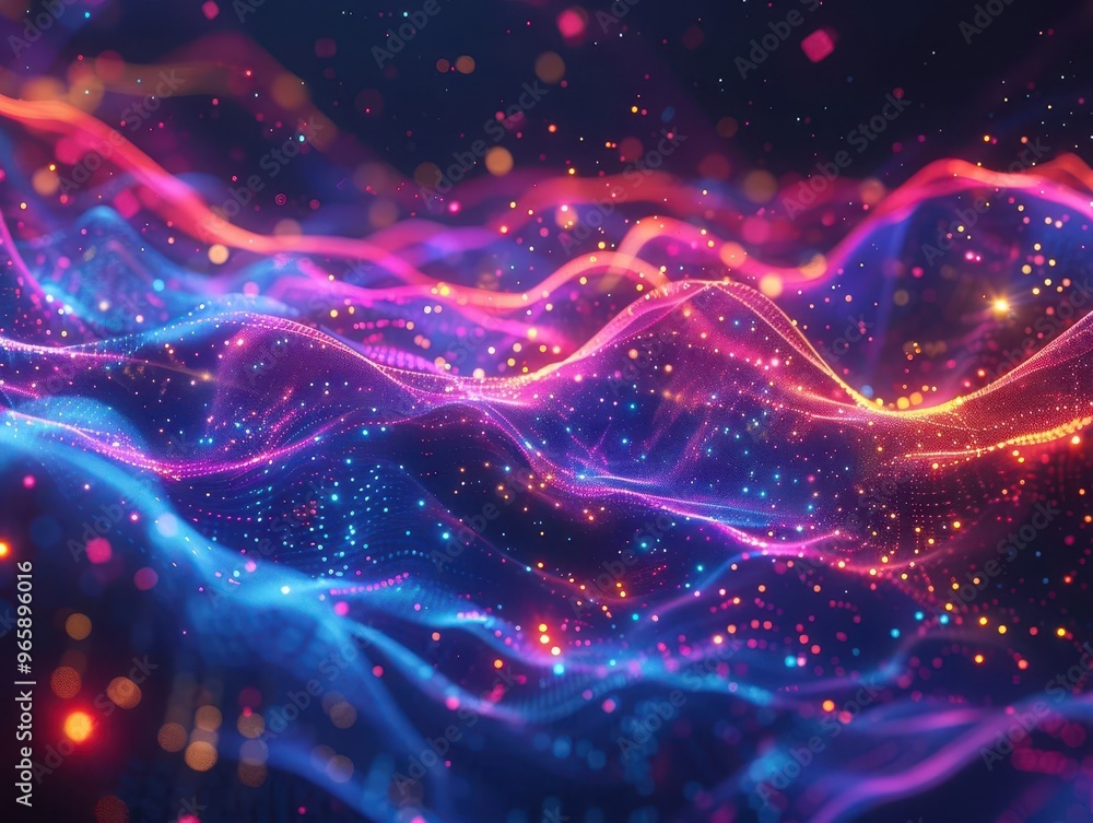 Aufkleber abstract digital landscape with pulsating neon lines and luminous particles swirling against a deep 