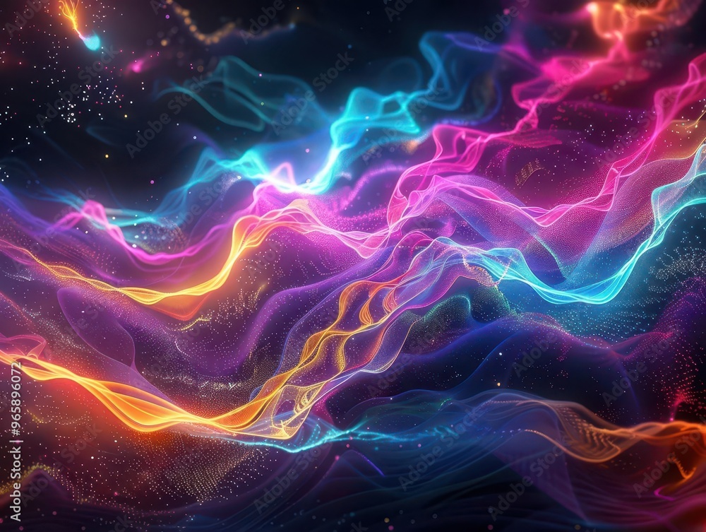 Aufkleber abstract digital landscape with pulsating neon lines and luminous particles swirling against a deep 