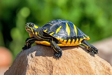 Obraz premium Turtle taking a nap in the sun, its legs stretched out on a warm rock, completely relaxed in the heat
