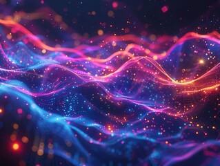 Obraz premium abstract digital landscape with pulsating neon lines and luminous particles swirling against a deep cosmic background evoking the mysteries of quantum physics