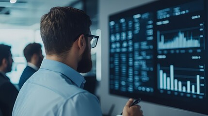 Business professional analyzing data on a digital screen in a modern office environment, showcasing technology and teamwork.