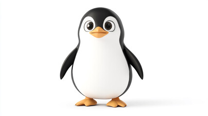 Fototapeta premium Cute cartoon penguin standing cheerfully on a white background with big expressive eyes