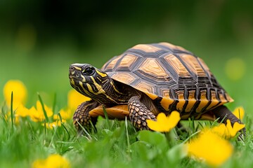 Obraz premium Turtle walking slowly but steadily through a meadow covered in wildflowers, enjoying the calm and open space