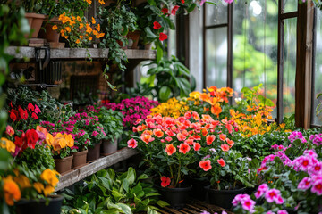 Obraz premium Vibrant indoor garden filled with colorful flowers and lush plants, creating lively and inviting atmosphere. arrangement showcases variety of blooms, enhancing beauty of space