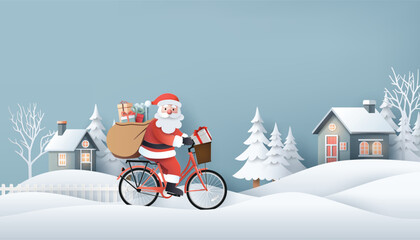 Santa Claus Riding Bicycle in Snow Village Landscape