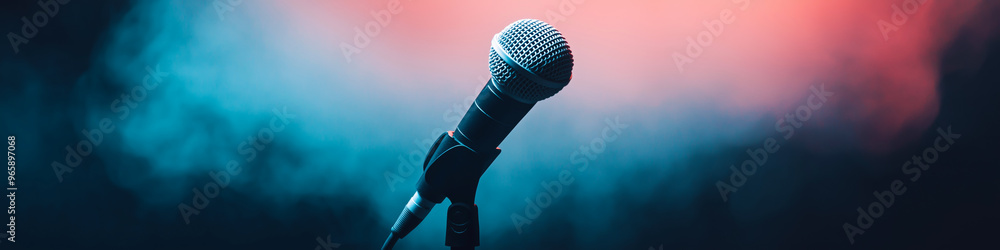 Wall mural microphone standing on an empty stage with colorful light and smoke. mic on a stage