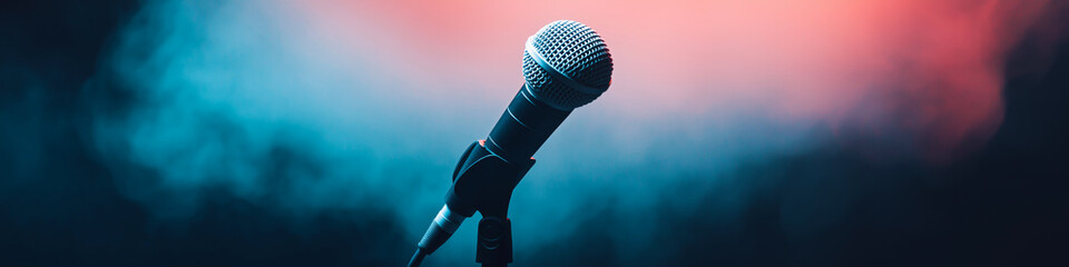 Microphone standing on an empty stage with colorful light and smoke. Mic on a stage