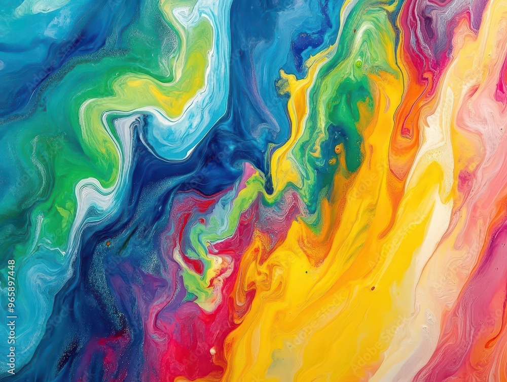 Poster abstract fluid art with marbled acrylic paint swirls vibrant rainbow hues blend and flow in mesmeriz