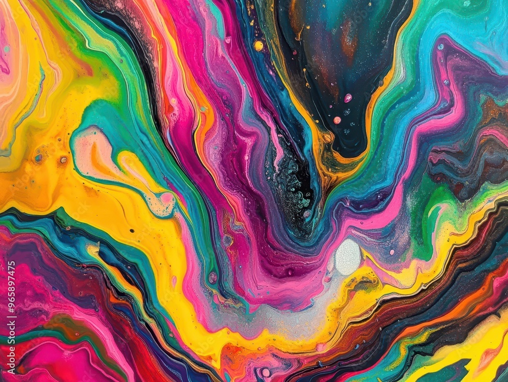 Poster abstract fluid art with marbled acrylic paint swirls vibrant rainbow hues blend and flow in mesmeriz