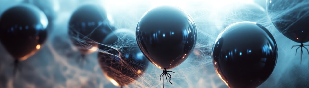 Black balloons hover in a misty, ethereal atmosphere with delicate spider webs, creating a spooky and mysterious ambiance, ideal for Halloween or horror-themed designs,