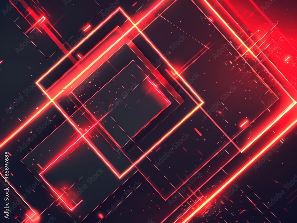 Poster abstract geometric composition with vibrant neon red shapes against dark background sharp angles and