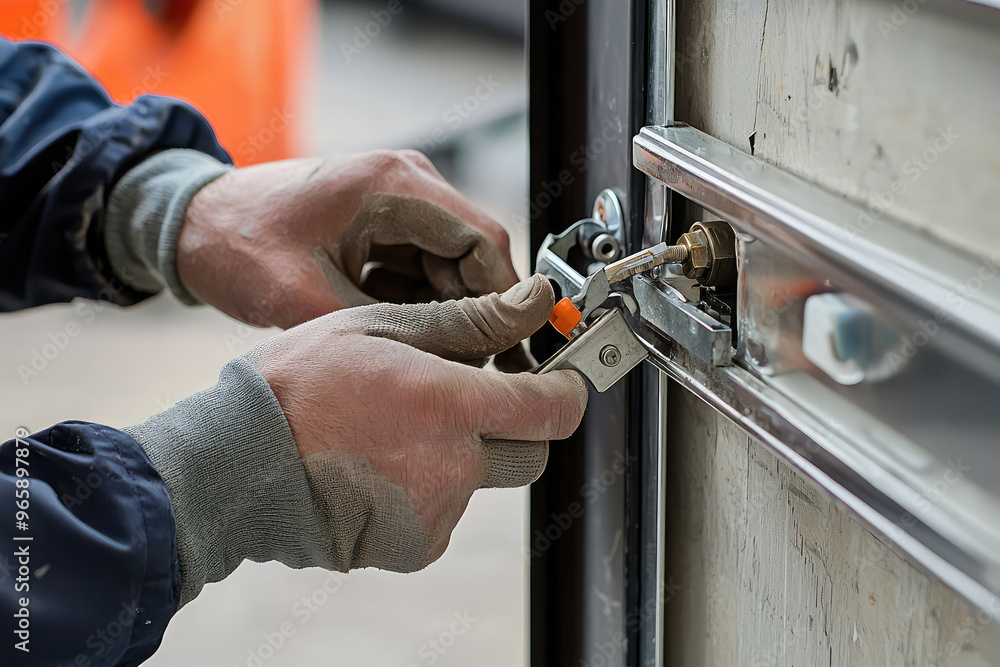 Poster repairing broken door closer requires skill and precision. maintenance worker is focused on fixing m