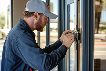 A maintenance worker is focused on repairing broken door closer, demonstrating skill and attention to detail in professional setting