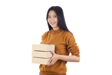 Young Asian woman holding brown cardboard boxes isolated on white background with clipping path. Lifestyle concept. Concept delivery online.