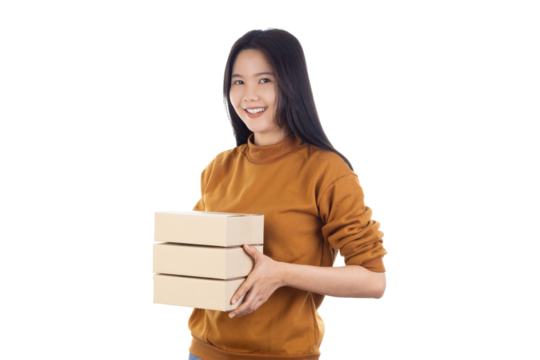 Young Asian woman holding brown cardboard boxes isolated on white background with clipping path. Lifestyle concept. Concept delivery online.