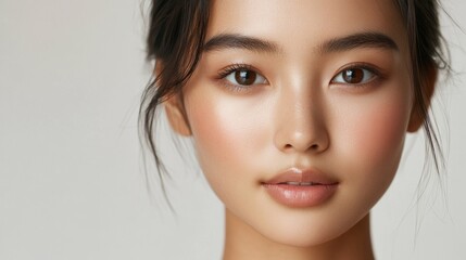 Naklejka premium Asian Woman with Radiant Skin and Natural Makeup. with copy space