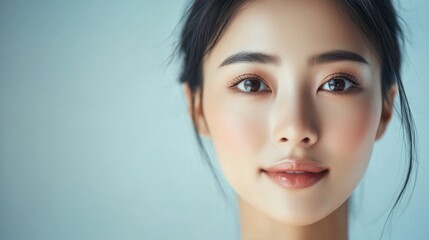 Naklejka premium Asian Woman with Radiant Skin and Natural Makeup. with copy space