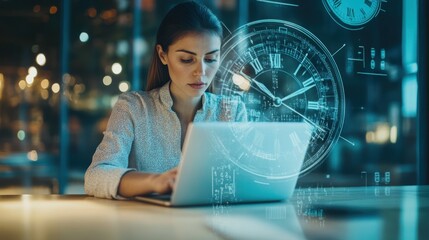 Businesswoman focused on her laptop at a desk, with a clock overlay