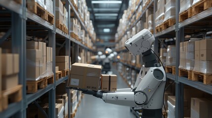 A robotic arm is efficiently handling boxes in a modern warehouse filled with shelves of products.