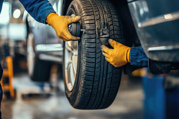Mechanic performing tire rotation and balance on vehicle, showcasing skilled hands and attention to detail. process ensures safety and optimal performance on road