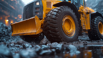A yellow and black construction vehicle with a large plow on the front
