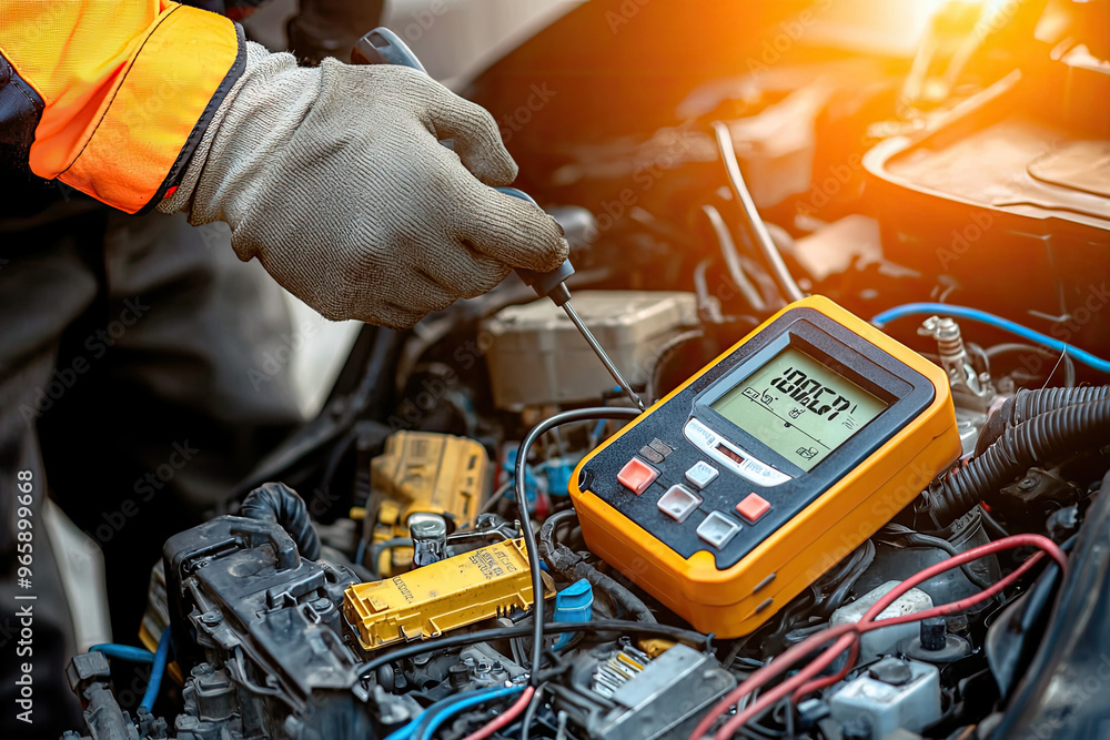 Poster mechanic testing car battery with multimeter, ensuring optimal performance and safety. technicians f