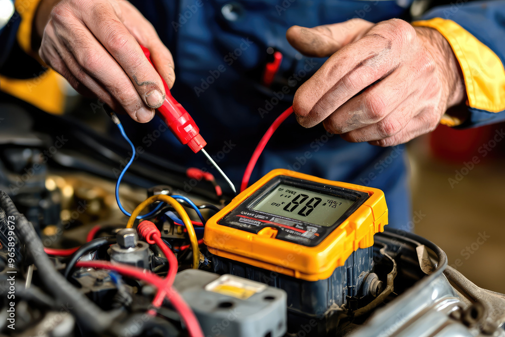 Poster a mechanic is testing car battery with multimeter, showcasing precision and expertise in automotive 