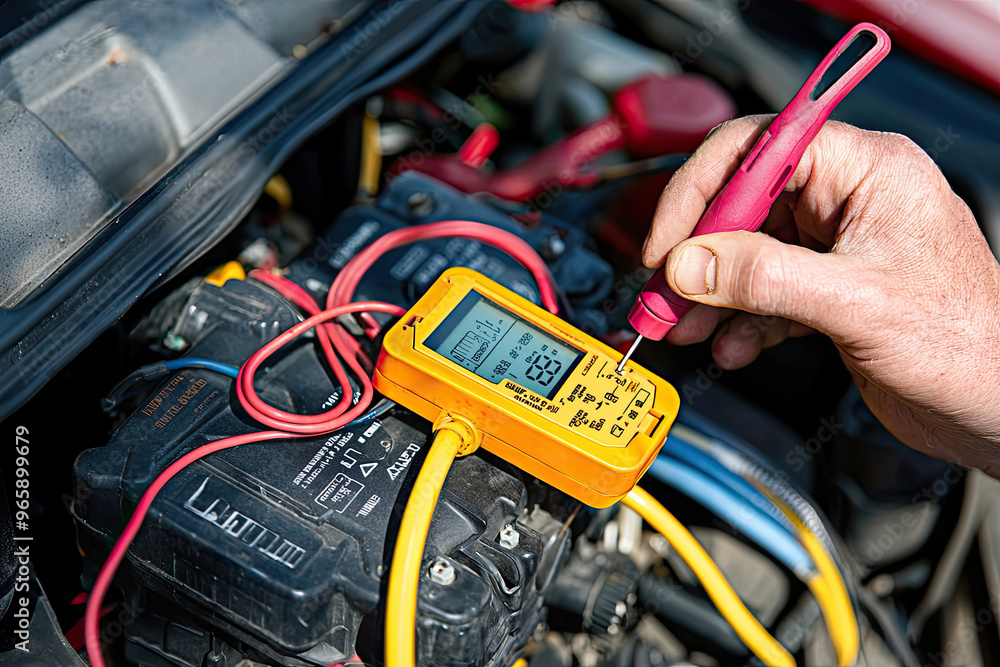 Poster a mechanic is testing car battery with multimeter, showcasing intricate process of diagnosing batter