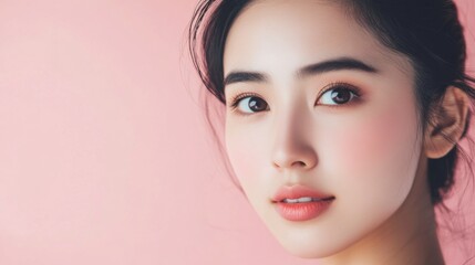 Fototapeta premium Asian Woman with Radiant Skin and Natural Makeup. with copy space
