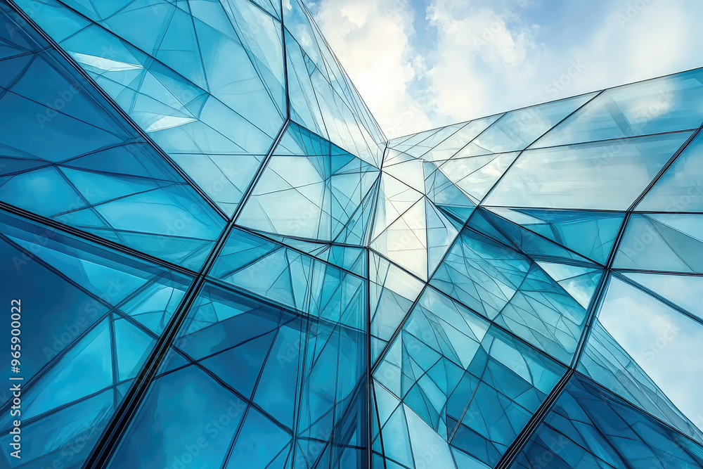Poster modern glass building with geometric design showcasing intricate reflections and angles. structures 