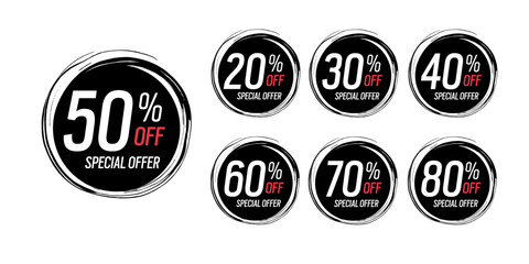 Special offer discounts label starting from 20, 30, 40, 50, 60, 70, 80 percent off. vector discount sticker black.