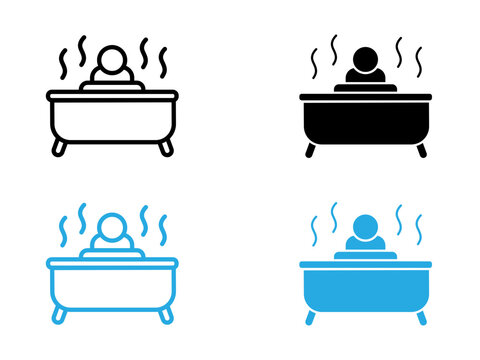 Man relaxing in jacuzzi icon black and white vector outline sign
