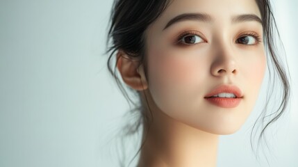 Fototapeta premium Asian Woman with Radiant Skin and Natural Makeup. with copy space